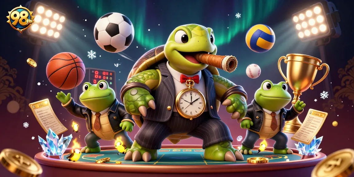 Experience thrilling gaming at 98Win with a vibrant, action-packed casino scene featuring unique characters.