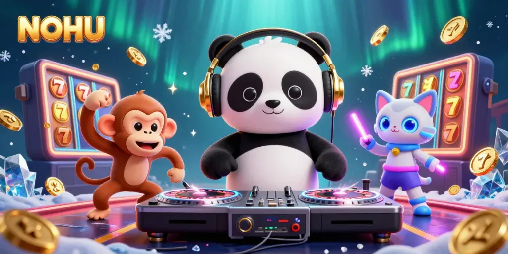 Join the excitement at NOHU casino with dynamic characters in a vibrant 3D gaming scene.