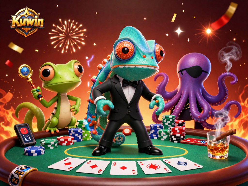 Kuwin’s vibrant 3D casino scene with interacting characters around a rich poker setup.