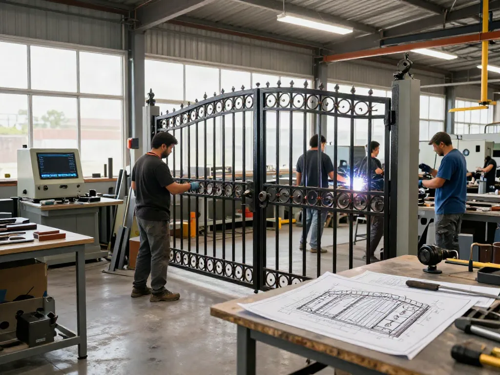 Skilled team at Al Taher Group metal workshop crafting a custom wrought iron gate.