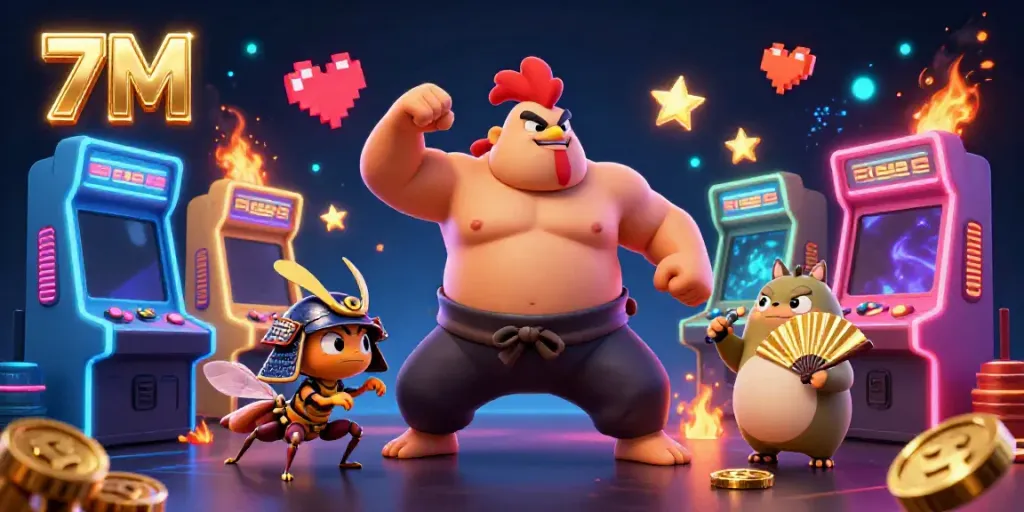 Engaging scene with 7M's powerful sumo rooster and samurai cricket amidst vibrant casino elements.