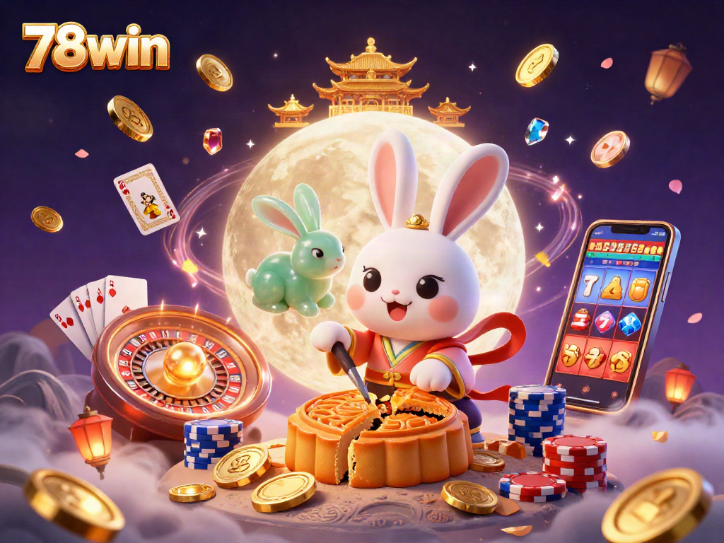 Engage in adventure with 78win as the moon rabbit creates jackpots amidst vibrant casino elements.