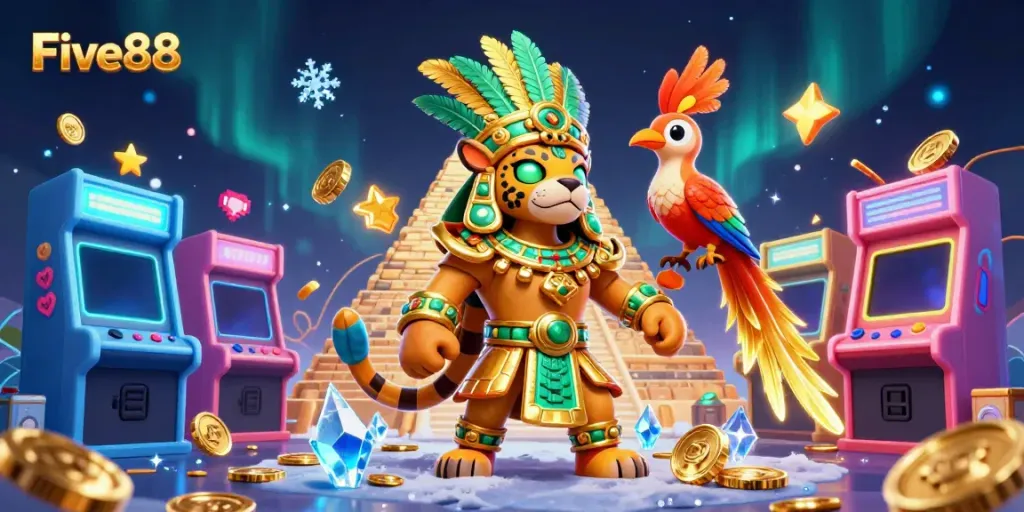 Engage in the world of Five88 with a vibrant 3D casino scene featuring interactive gaming elements.
