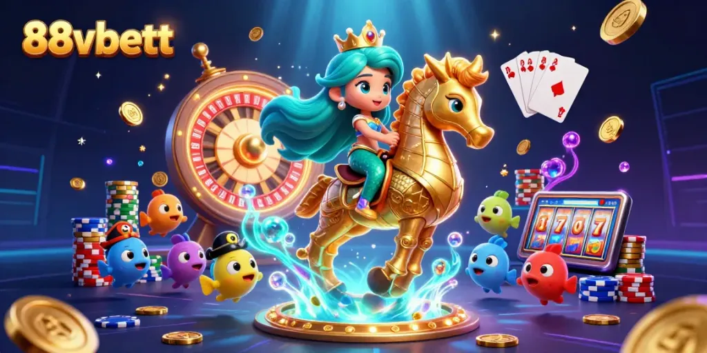Win big with 88vbett: Enjoy a thrilling 3D casino adventure featuring colorful characters and game elements.
