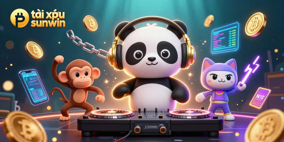 Tài xỉu sunwin gameplay highlighted by a DJ panda and dancing monkey amidst vibrant crypto elements.