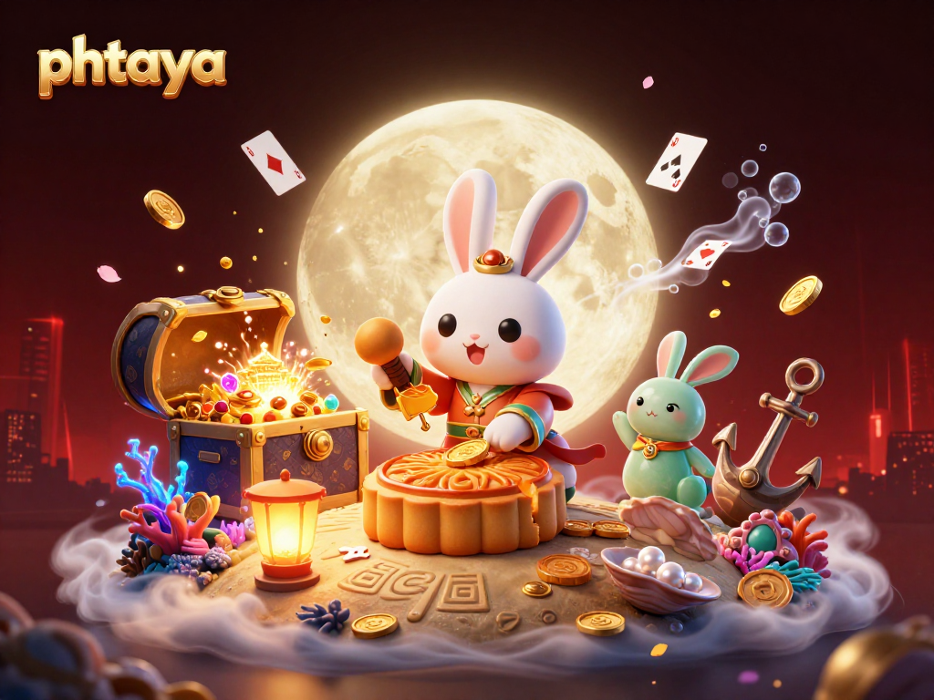 Phtaya offers immersive gaming experiences as a moon rabbit shares golden treasures and poker fun.