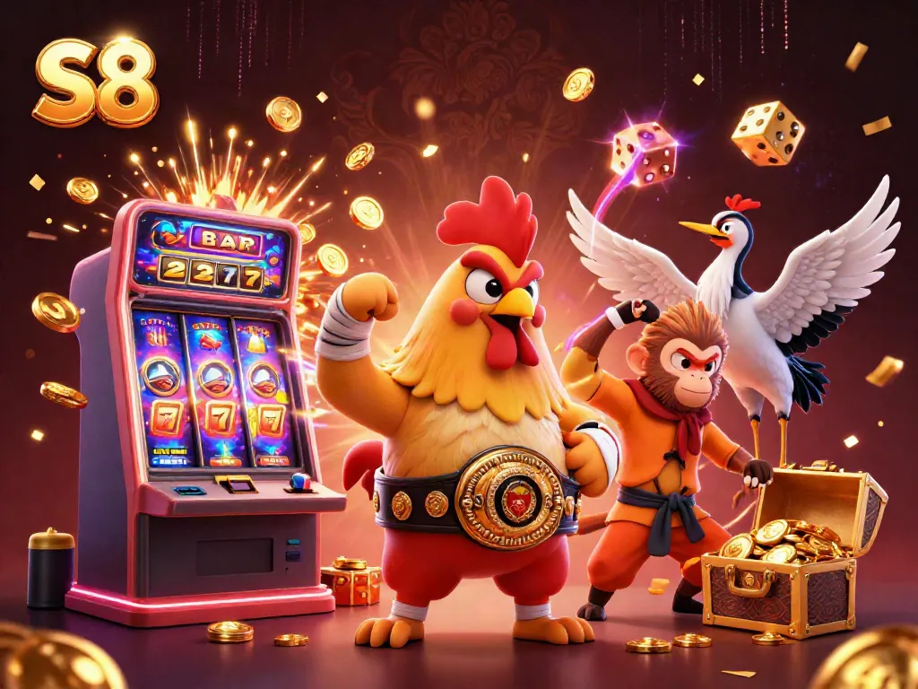 Engage in thrilling gaming adventures at S8 with a vibrant casino illustration featuring dynamic characters and exciting gameplay elements.
