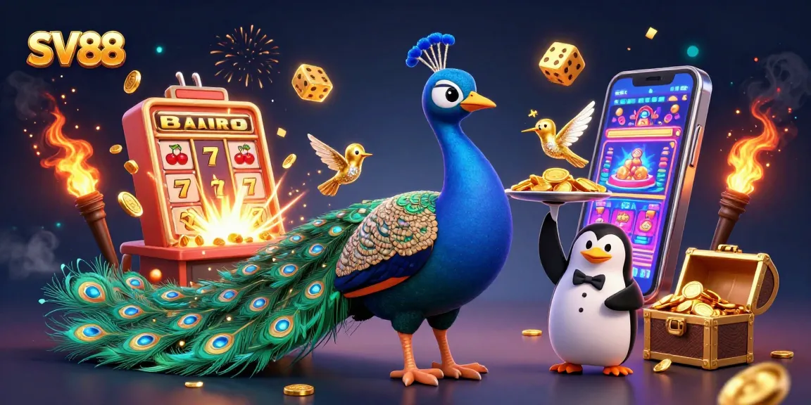 Experience the excitement of SV88 with a dazzling casino scene featuring a vibrant peacock and golden casino elements.