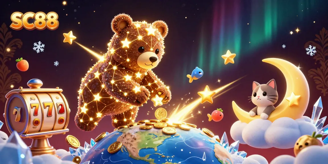 Experience the thrill of SC88 with an enchanting slot game illustration featuring a golden constellation bear and lucky symbols.