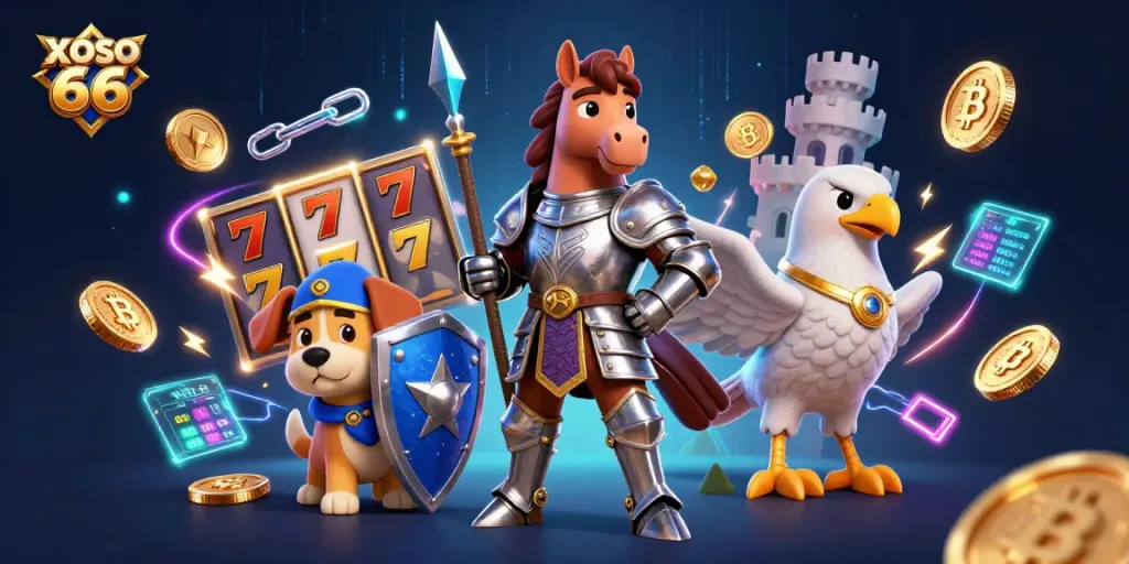Engage with thrilling XOSO 66 slot games featuring vibrant medieval characters and crypto elements in a dynamic 3D scene.