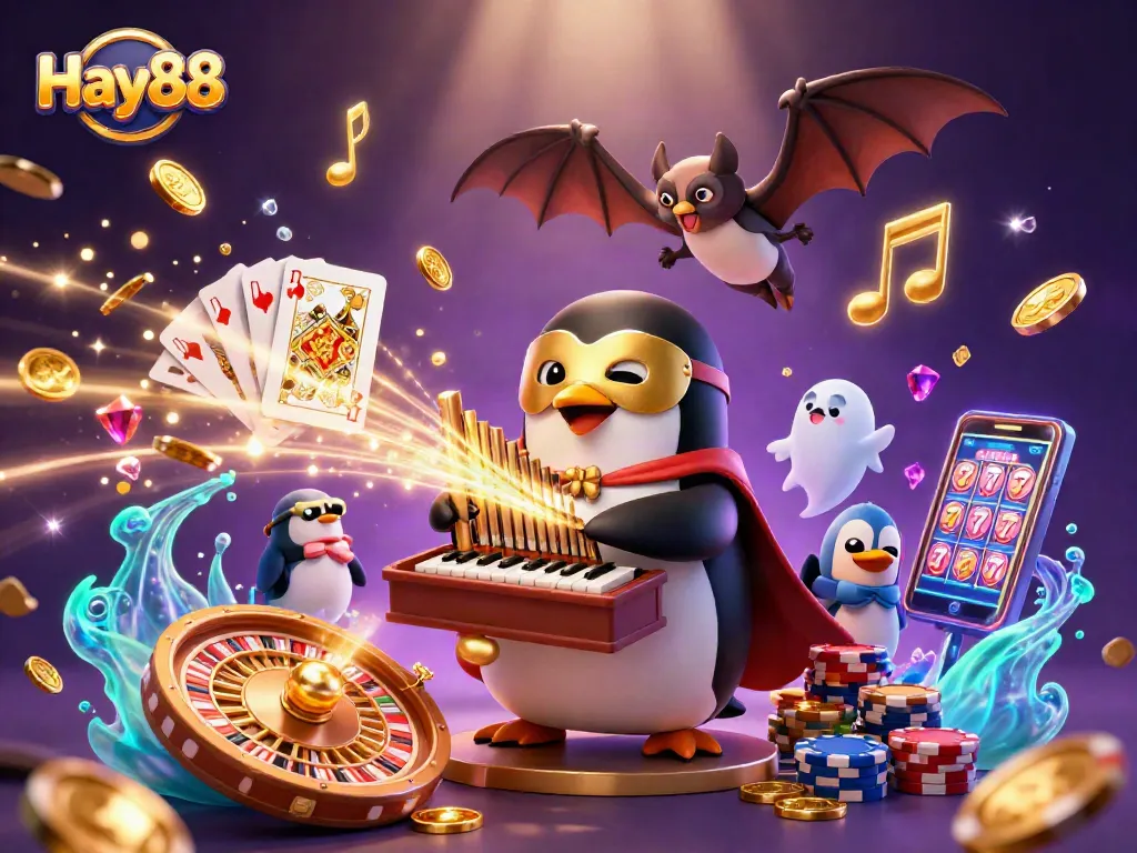 Engage with Hay88's thrilling gaming, featuring a penguin organist amid cascading coins and gems.