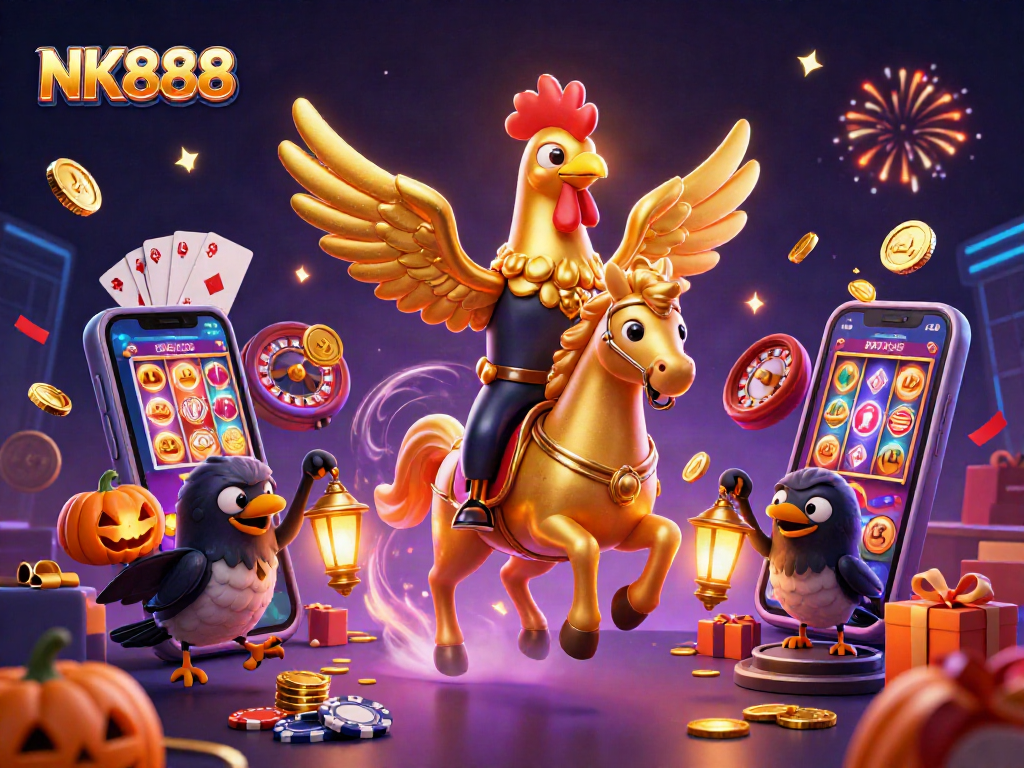 Spin to win with NK888 in this vibrant, glowing casino scene filled with lively characters and game elements.