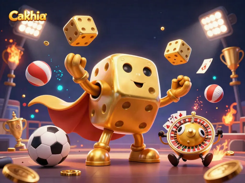 Cakhia showcases dynamic sports betting with a vibrant 3D scene featuring a golden dice golem and sports balls.