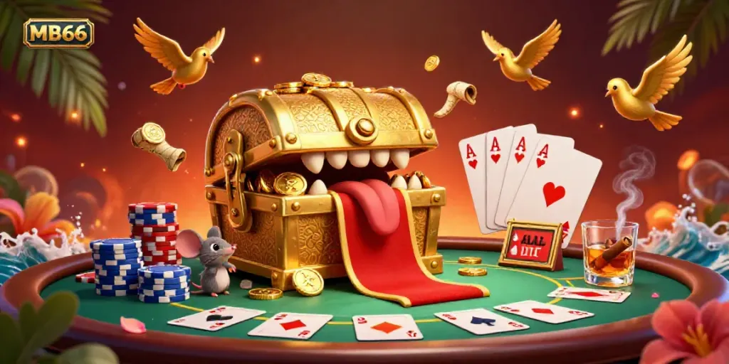 Engage with MB66 in this ultra-detailed casino illustration featuring thrilling poker elements and a treasure chest theme.