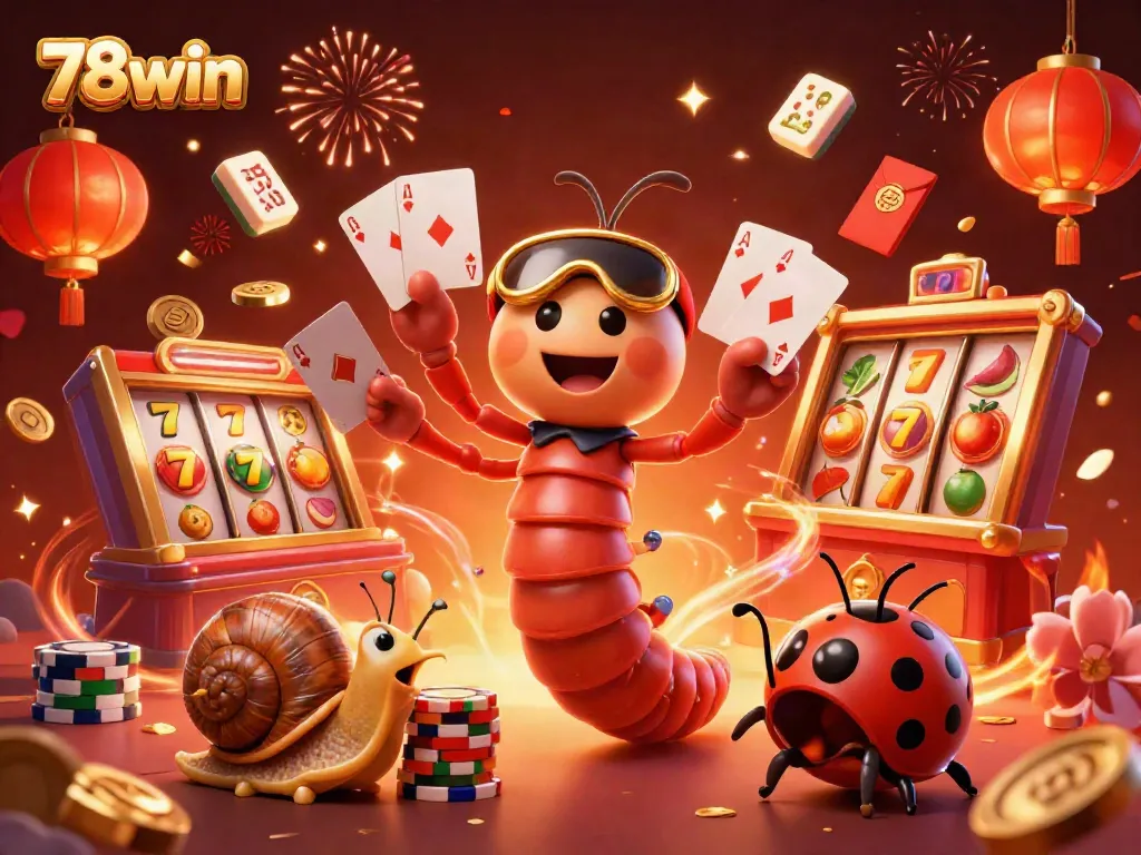 Experience the fun of 78win with a vibrant casino scene featuring a millipede dealer and rich slot elements.