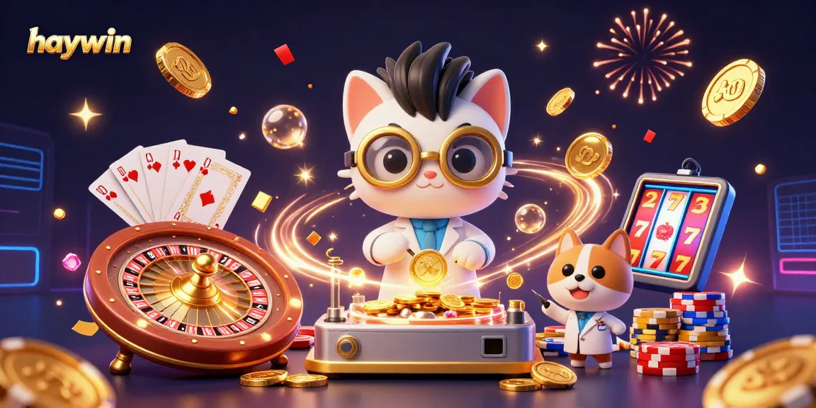 Experience the excitement of gambling with Haywin's dynamic casino scene featuring golden coins and vibrant game elements.