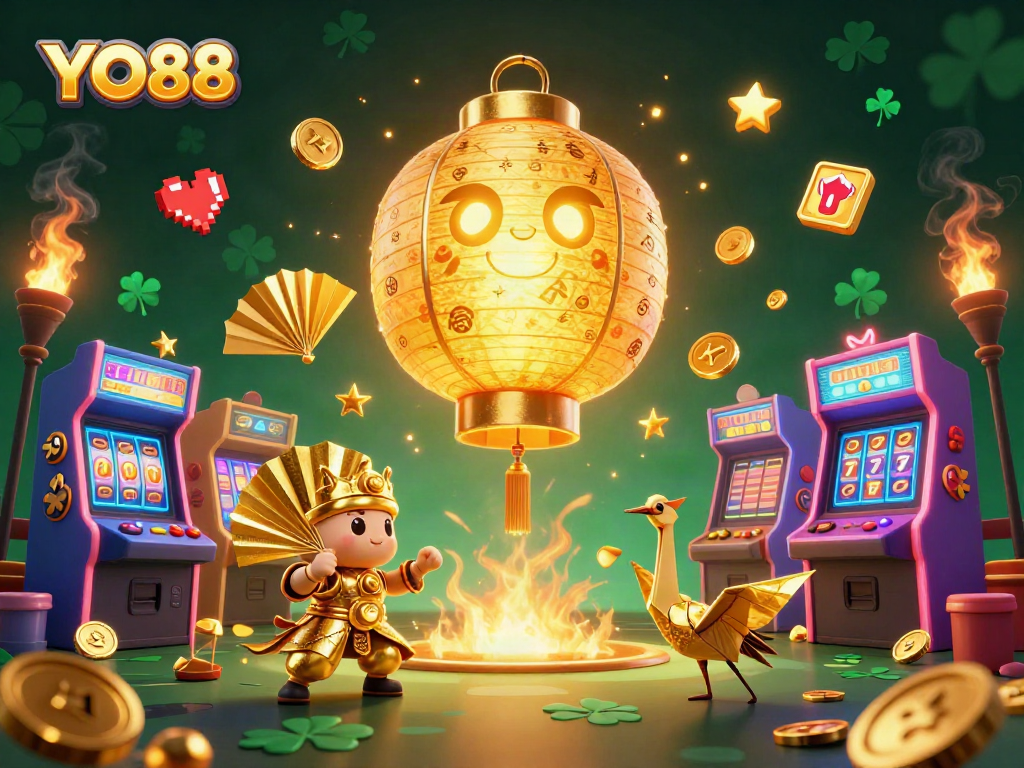 Experience the excitement of YO88 with a vibrant casino scene full of lucky symbols and golden elements.