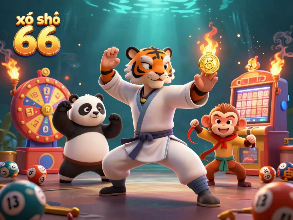Engage in xổ số 66 with a vibrant scene of characters celebrating lottery excitement and winning spirit.
