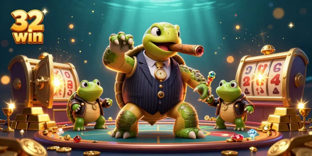 32 win turtle mobster in casino, flanked by bullfrog enforcers, with gold coins and treasure