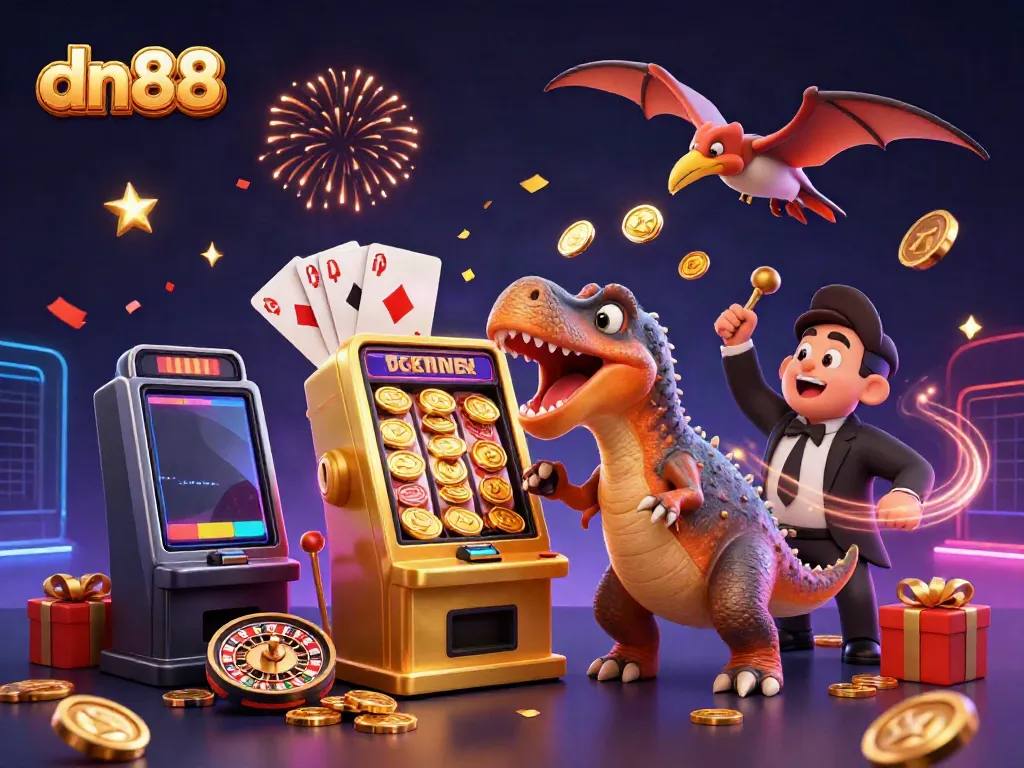 Experience dn88 with vibrant, 3D cartoon characters in a dynamic casino scene celebrating jackpot wins.