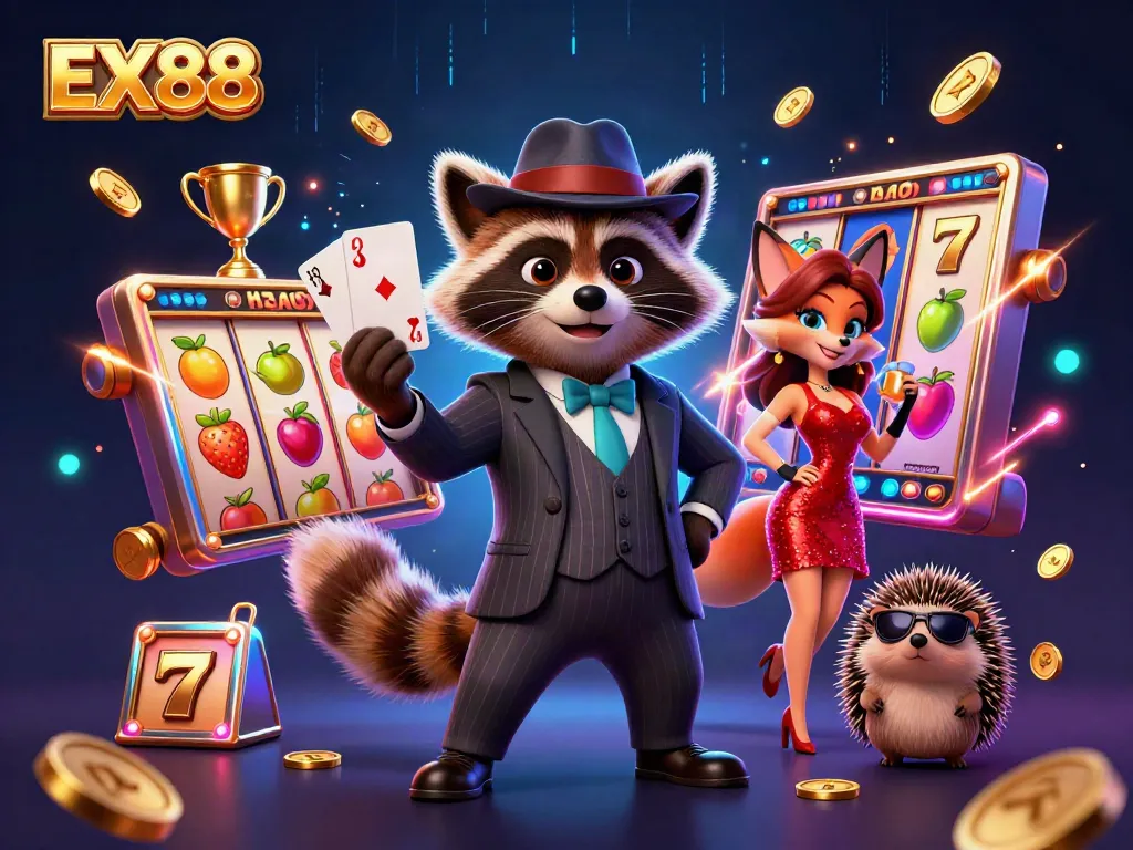 Experience winning with EX88 as a suave raccoon celebrates a royal flush amidst vibrant slot reels and dynamic casino elements.