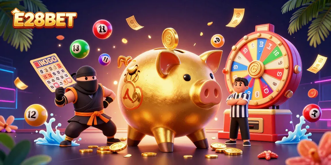 E28BET enhances gaming excitement with dynamic characters shaking coins, vibrant lottery elements, and a lively atmosphere.