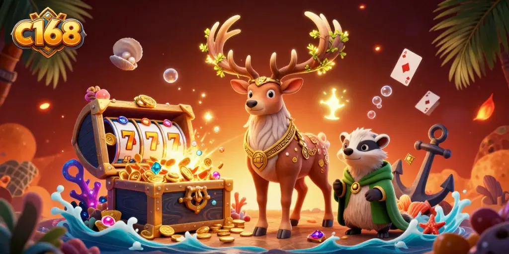 Experience big wins with c168 in an immersive casino-themed graphic depicting enchanted creatures and treasures.