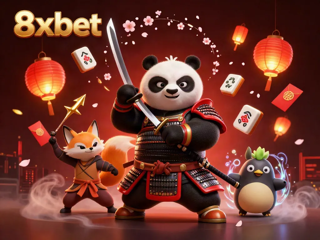 Engage in thrilling gaming action with 8xbet featuring vibrant samurai panda, ninja fox, and magical tanuki.