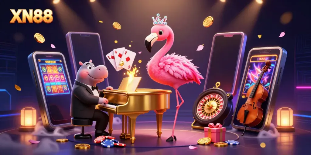 XN88's vibrant casino scene showcases a flamingo singer and hippo bassist with dynamic game elements.