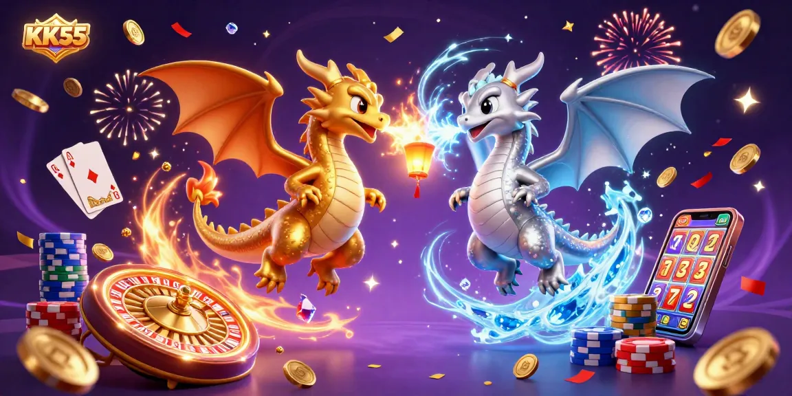 Experience the thrill of KK55 with vibrant 3D dragons and gaming elements in action.