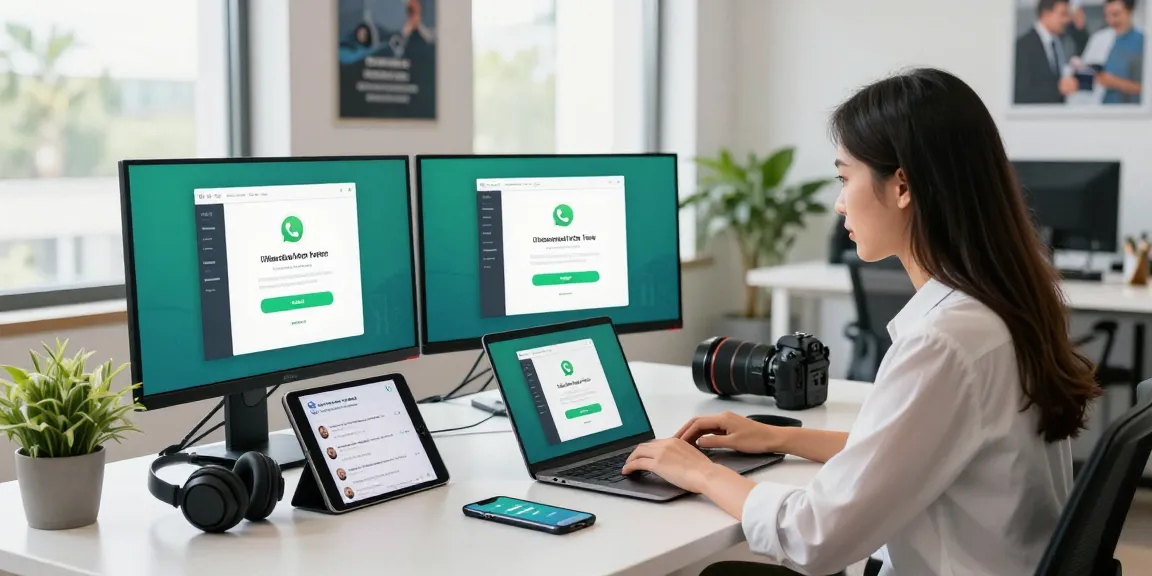 Experience WhatsApp下載 in a modern tech workspace, showcasing a professional woman engaging with the app interface and installation process.