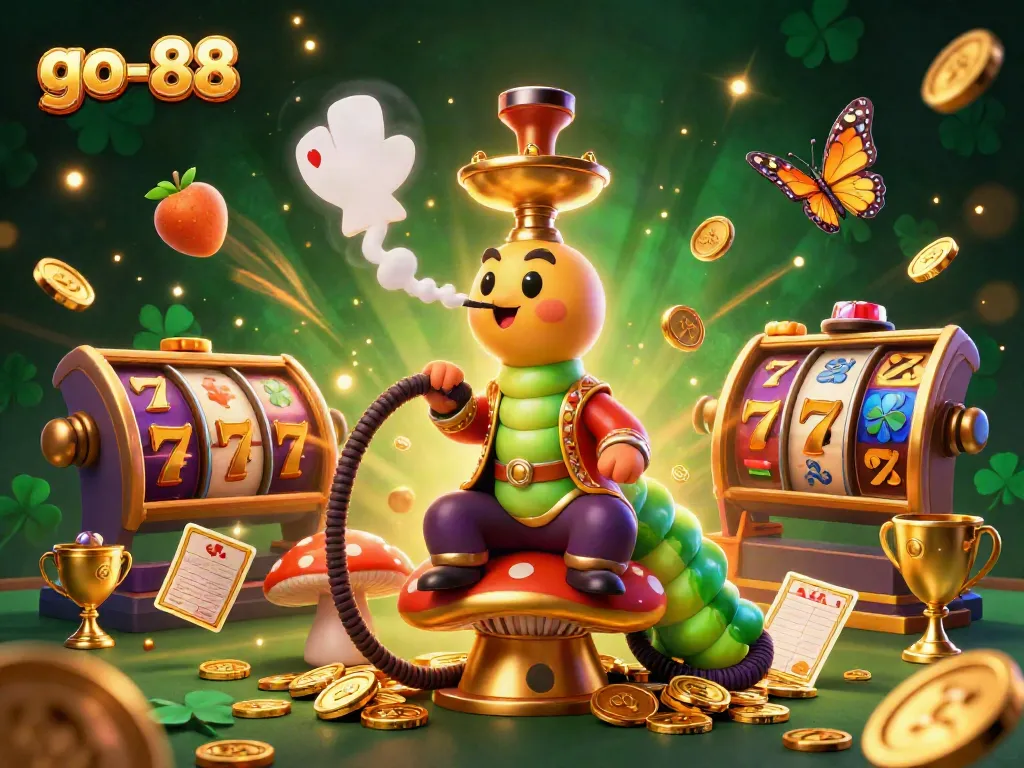 Experience the excitement of go-88 with a vibrant slots scene featuring a magical caterpillar and casino elements.