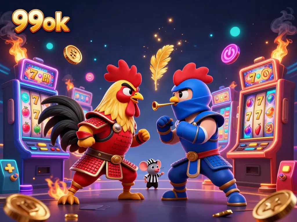 Engage in the thrilling standoff between 99ok's samurai rooster and ninja rooster amidst vibrant casino elements.
