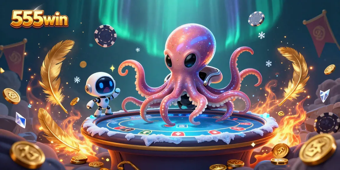 Bet big with 555win in a vibrant 3D casino scene featuring an alien octopus at a poker table.