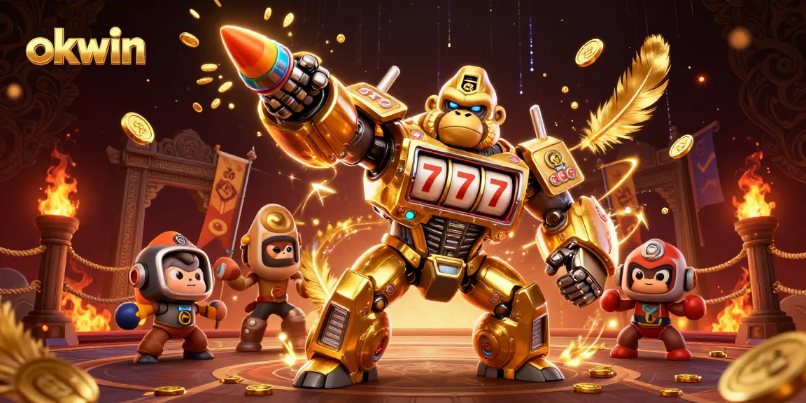 okwin showcases a vibrant 3D illustration of a golden gorilla mech and monkey pilot in an engaging casino scene.
