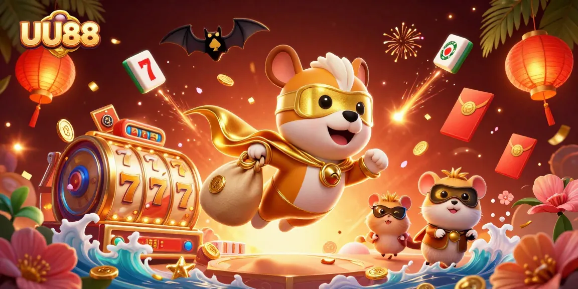 UU88 offers thrilling wins with a dynamic 3D casino illustration of a superhero dog flying surrounded by slot games and gold coins.