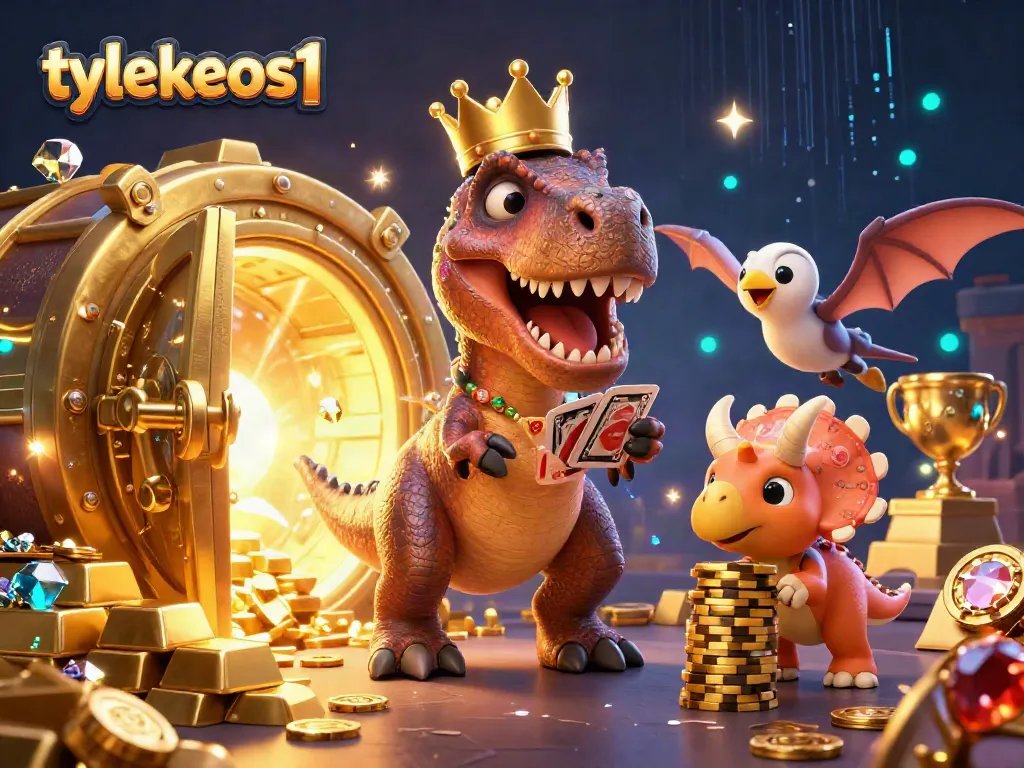 Playcards with tylekeos1 amidst dazzling casino treasures and gaming energy effects.