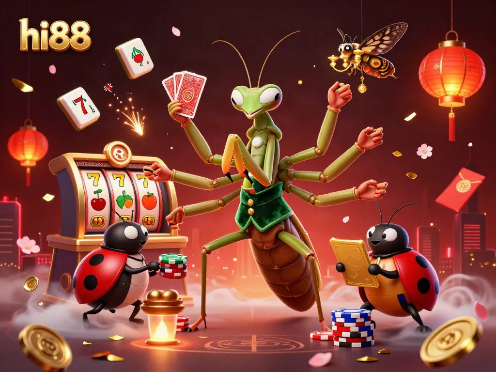 hi88 slots scene showcasing a giant mantis and ladybug in dynamic casino action.
