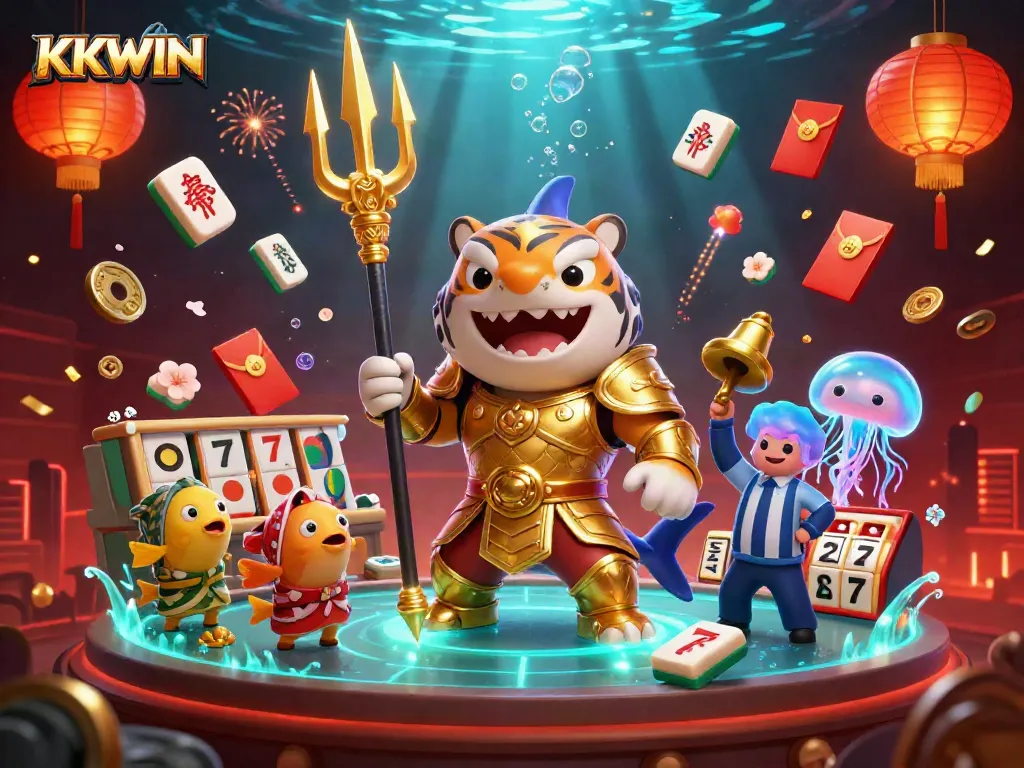 Engage with KKWIN’s exciting underwater casino adventure featuring a tiger shark in gladiator armor and dynamic casino symbols.