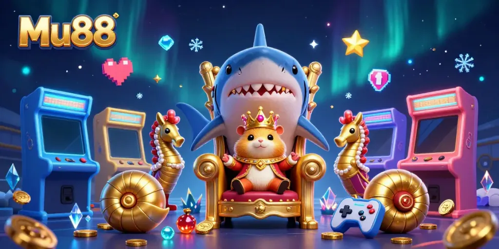 Experience the thrill with Mu88, featuring a majestic hamster king and vibrant casino elements.