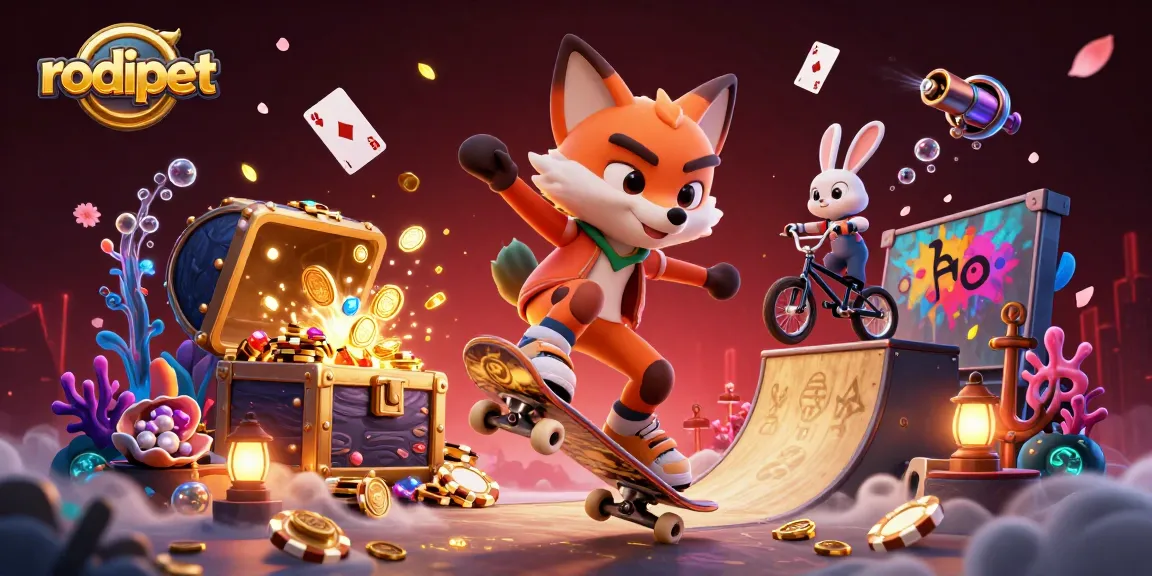 Rodipet's vibrant casino-themed 3D scene showcases fox and rabbit characters engaging in dazzling tricks.