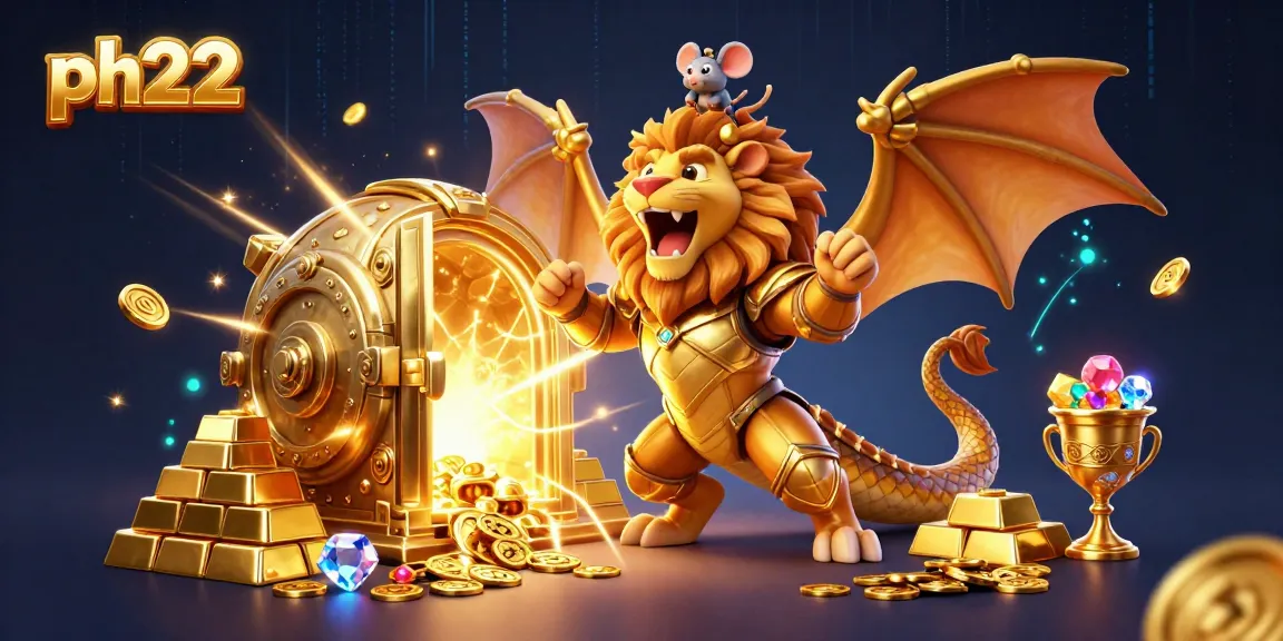Experience thrilling gameplay at ph22 with a roaring chimera surrounded by treasure and vibrant casino elements.
