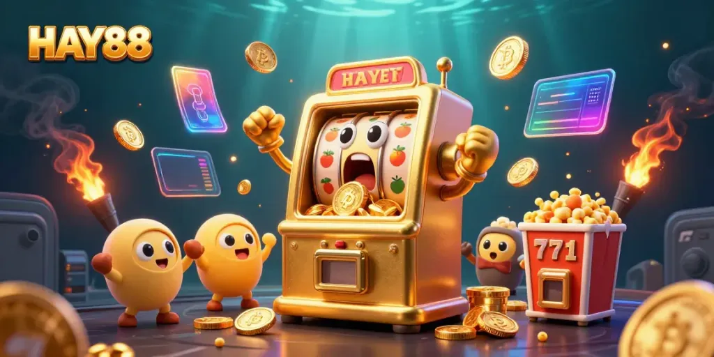 Experience the excitement of HAY88 with a lively jackpot-winning slot machine scene.