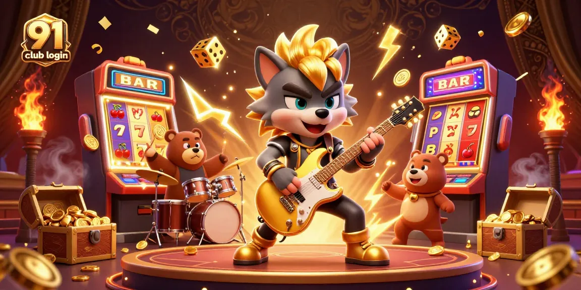 Spin and win with the 91 club login on an exciting casino stage with golden effects and vibrant characters.