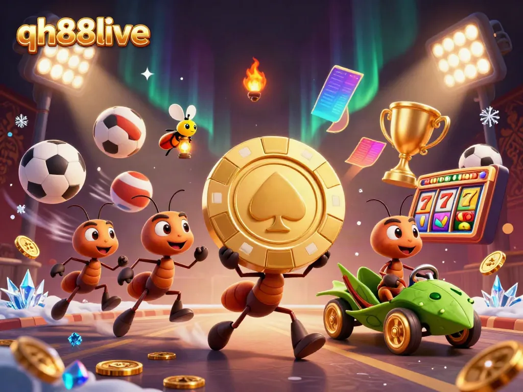 Experience the exciting action at qh88live with a heist by cartoon ants and vibrant casino elements.