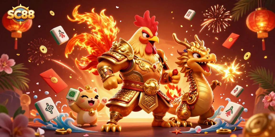 Engage in the thrilling world of SC88 with a heroic rooster warrior, dragon hatchling, and fortune cat amidst festive casino elements.