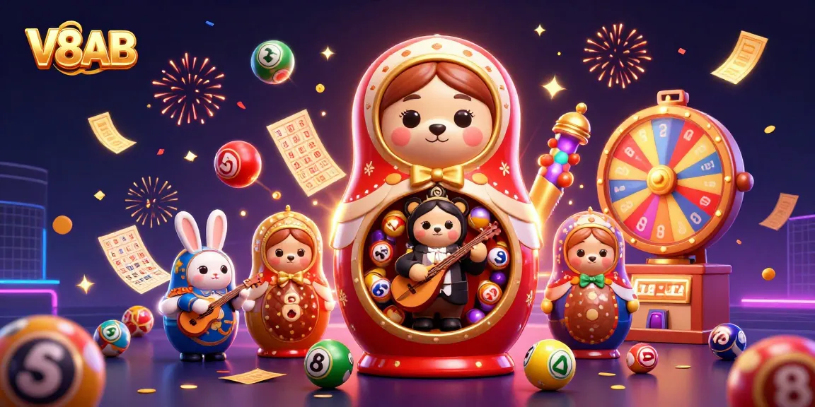 Engage with V8AB's colorful lottery and casino scene featuring vibrant elements and festive characters.