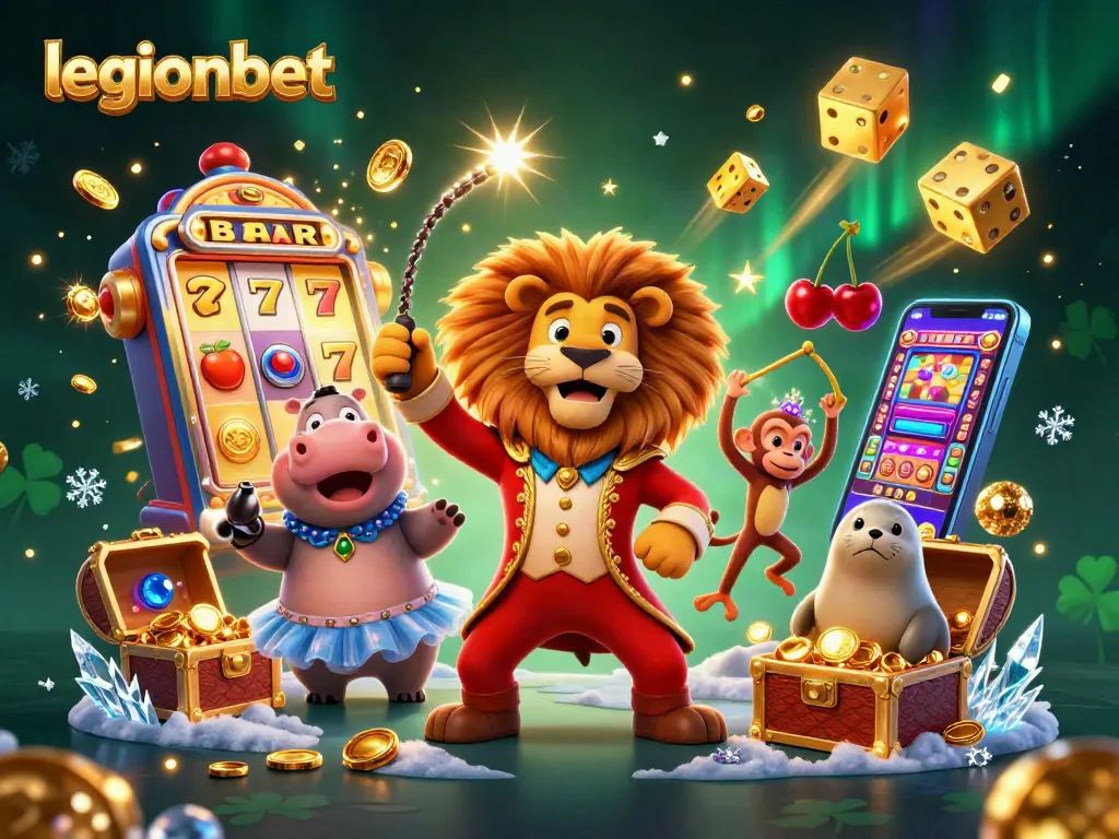 Experience excitement at legionbet with a vibrant circus-themed casino illustration full of winning symbols.