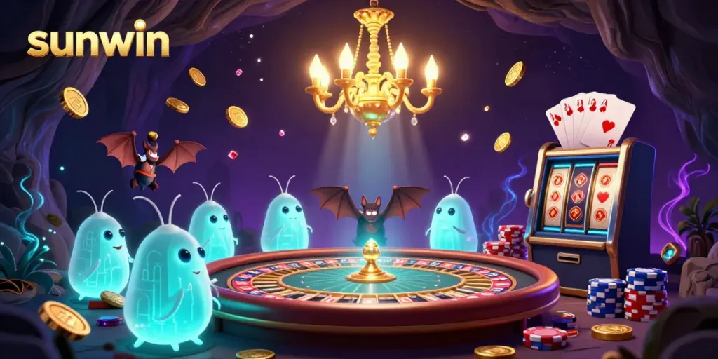 Experience excitement with sunwin in a whimsical cave casino filled with glowworms, colorful chips, and vibrant roulette.