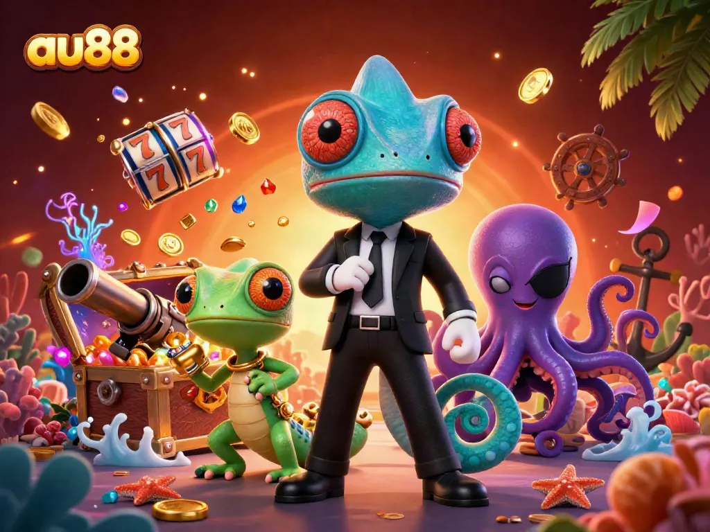 Experience thrilling gameplay at au88 with a vibrant 3D scene of a secret agent chameleon and gaming elements.